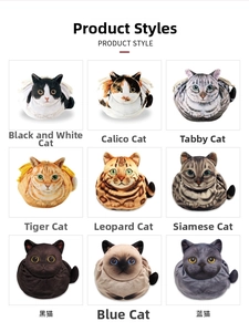 Detail view showing nine creative cat print drawstring storage bags in various feline patterns