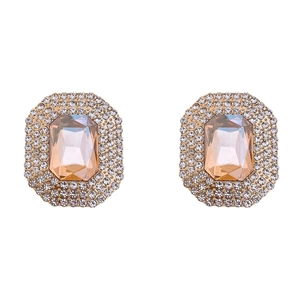 Elegant champagne rectangle stud earrings with double halo rhinestones on gold base