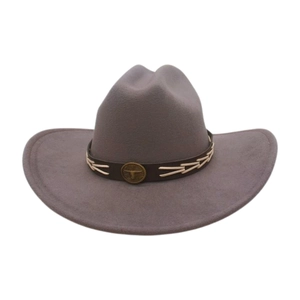 Detail of taupe wool cowboy hat featuring leather band and bronze bull head emblem