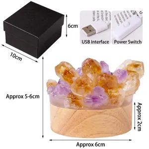 Natural amethyst and citrine crystal night light with wooden base and gift box packaging