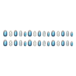 Blue cat-eye plaid press-on nails with white polka dots and 3D ribbon bow accents