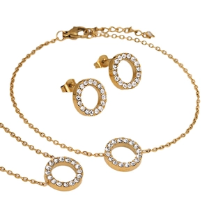 Elegant gold stainless steel jewelry set with sparkling pavé crystal circle pendants