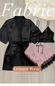 Three-piece silk satin sleepwear set featuring black robe and pink lace trim shorts