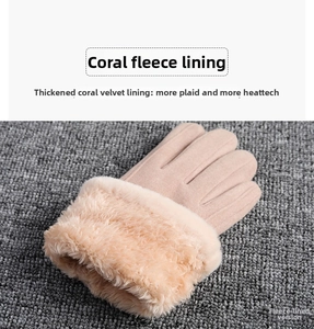 Detailed close-up of thick coral fleece lining and suede material on winter gloves