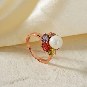 Flower Cluster Ring Rose Gold Plated Copper With White Artificial Pearl And Colorful Zircon Vintage Luxury Jewelry For Women