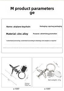 Detailed technical diagram of zinc alloy aircraft keychains showing dimensions and weight