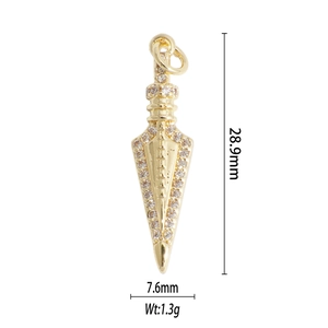 Detailed dimensions of gold arrow pendant with white pavé stones and measurements