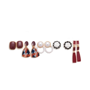 Vintage style geometric flower earring set with pearls and burgundy resin accents