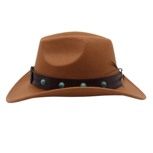 Detailed view of a brown felt cowboy hat decorated with a turquoise-beaded leather band.