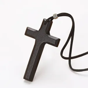 Handmade double-layer alloy and wood cross pendant necklace with black woven cord