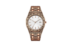Detail of rose gold luxury men's watch featuring an intricate engraved case and white dial