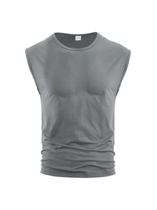 Detail of grey sleeveless sports vest showing neck label with size S and material info