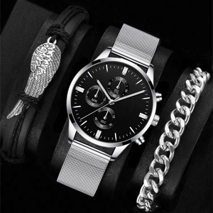 Detail shot of men's chronograph watch with silver Milanese band and bracelet set