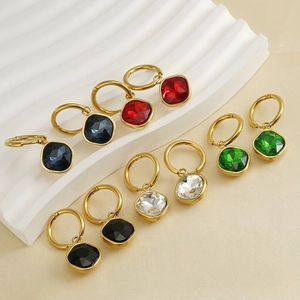 Geometric Square Zircon Drop Hoop Earrings 18K Gold Plated Stainless Steel Fashion Small Design Jewelry For Women