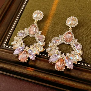 Vintage gold hollow geometric teardrop tassel earrings with colorful luxury crystals