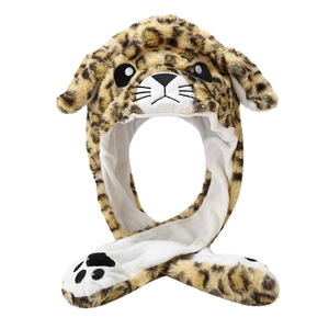Chapeau de léopard en peluche avec longues oreilles mobiles et broderie de pattes