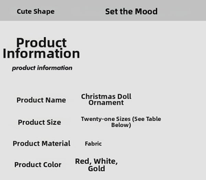 Specifications chart for red and gold Christmas plush dolls with 21 sizes in fabric material