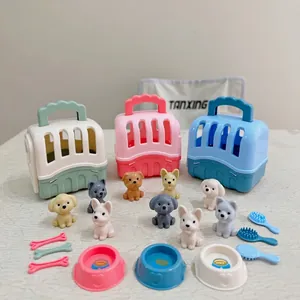 Kids toy pet carrier set with colorful dog cages, puppy figurines and feeding accessories