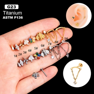 G23 Titanium Cartilage Earring Cubic Zirconia Flower Bee Chain Tassel Internally Threaded Labret Lip Piercing Jewelry