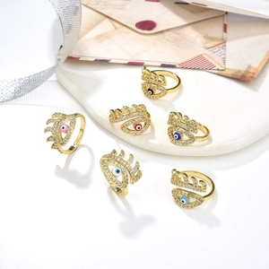 Evil Eye Open Ring Copper 18K Gold Plated Cubic Zirconia Enamel Adjustable Vintage Fashion Jewelry For Women