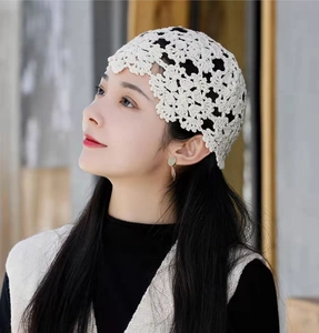 Handmade Crochet Cotton Beanie Hat Hollow Out Floral Pattern Breathable Retro Skull Cap For Women