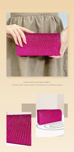 Detail of pleated evening clutch in bright pink glitter finish with silver chain strap