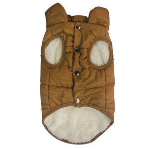 Detail of caramel pet vest with warm sherpa lining and silver metal snap buttons