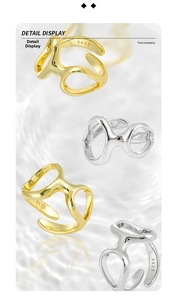 Detail display of irregular hollow S925 sterling silver rings in gold and silver