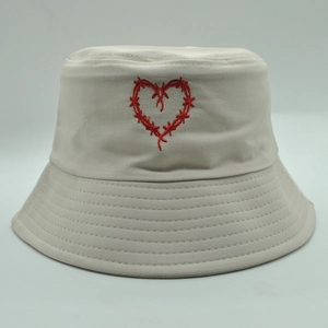 Beige bucket hat with red heart embroidery for sun protection in casual summer outdoor