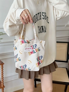 Sac à main en velours côtelé beige avec imprimé Keep Smiling et smileys femme