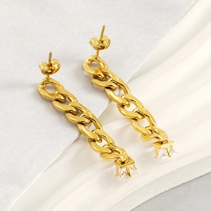 Elegant gold-plated chain drop earrings with square crystals on a minimalist background