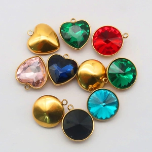 Colorful crystal pendants in heart and round shapes with gold stainless steel frames