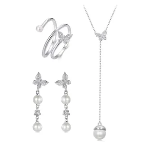 Butterfly Artificial Pearl Jewelry Necklace Ring And Earrings S925 Sterling Silver Zircon Elegant Fashion Women Accessories