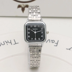 NAIDU square black dial watch for women with silver stainless steel link band