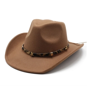 Detail of leopard print band and golden star rivets on brown wool cowboy hat