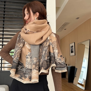 Close-up of vintage plum landscape pattern on thick cashmere-like scarf with fringe