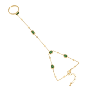 Gold emerald heart slave bracelet featuring green stones and vintage finger ring chain