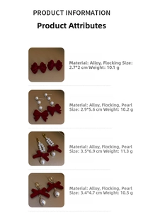 Detailed size chart showing red flocked bow earrings with white pearls and alloy base