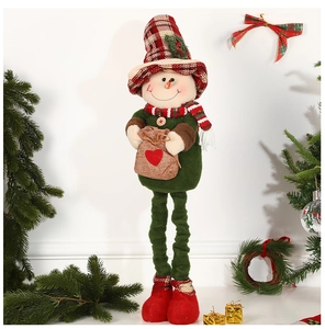 Detail of Christmas snowman plush with telescopic legs and festive plaid hat decor