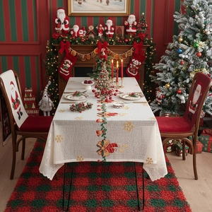 Christmas tablecloth with red embroidery and festive Santa chair covers for dining decor