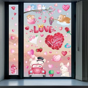 Stickers de fenêtre Saint-Valentin avec cœurs roses et animaux de dessin animé
