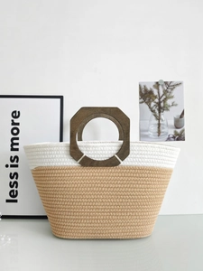 Woven Tote Bag Cotton Rope Color Block With Wood Handle Retro Summer Handbag For Women