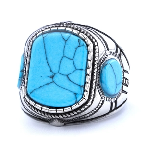 Vintage stainless steel men's ring with three turquoise stones and retro embossed patterns