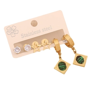 3-pair set of gold stainless steel earrings with malachite green stones and star studs