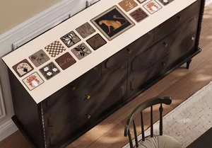 Detail of waterproof leather cabinet mat with retro leopard and botanical patterns