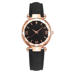 Starry sky dial watch for women with rose gold case and black leather strap