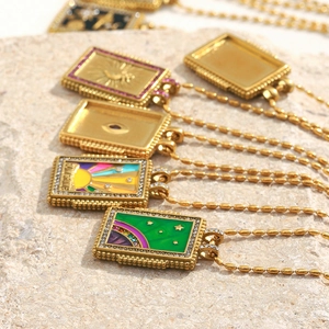 Vintage 18K gold plated stainless steel square pendant necklaces with enamel and crystals