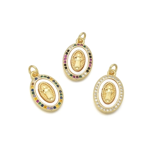 Religious Virgin Mary pendant necklace in gold with vintage colorful zircon micro inlay