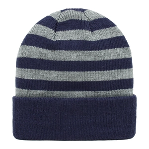 Close-up detail of a blue and grey striped knit beanie hat for kids winter warmth