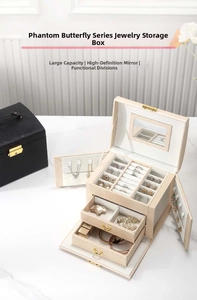 Detail of the multi-layer large jewelry box interior with HD mirror and compartments